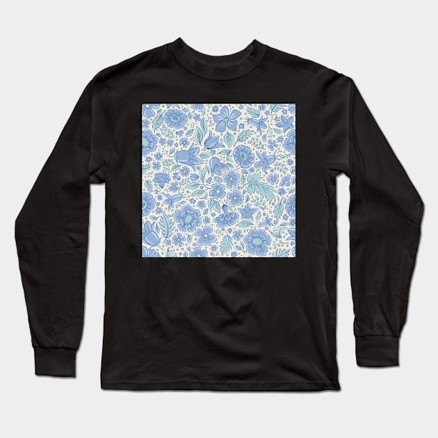 Scattered flowers and leaves in aqua tones | repeat pattern Long Sleeve T-Shirt by colorofmagic